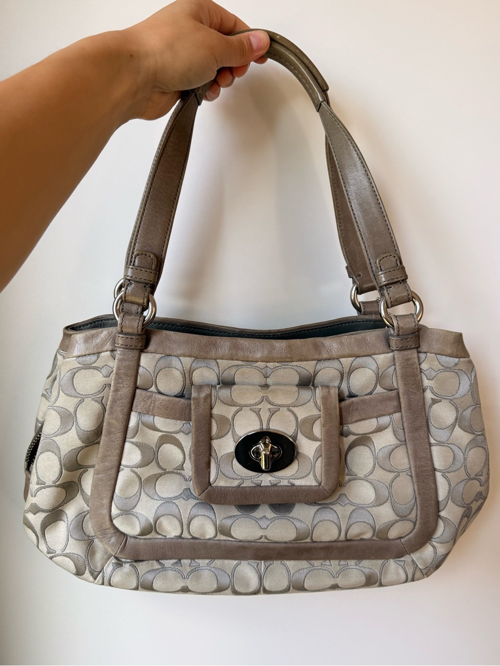 Coach Beige Signature Canvas Shoulder Bag with Taupe Trim Pink Interior